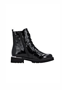 Bottes noires en cuir verni à lacets avec un bout arrondi, fermeture éclair sur le côté et une semelle épaisse noire avec un accent argenté.
