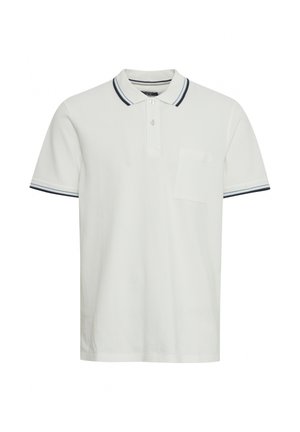 White polo shirt made of cotton, featuring a two-button placket, short sleeves with navy stripes, and a small pocket on the left chest.