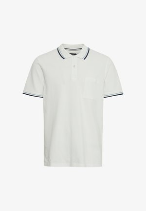White polo shirt made of cotton, featuring a two-button placket, short sleeves with navy stripes, and a small pocket on the left chest.