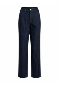 Mørkeblå denimbukser med høyt liv, rett ben og subtil oransje søm. Forlommer og metallknapp som lukking.