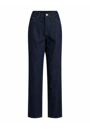 Dunkelblaue Jeanshosen mit hoher Taille, geradem Bein und dezenten orangen Nähten. Vordere Einschubtaschen und Metallknopfverschluss.