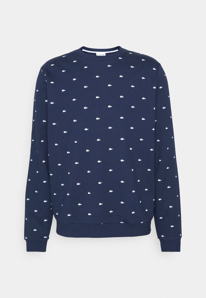 Navyblaues Sweatshirt aus Baumwollmischung mit Rundhalsausschnitt, langen Ärmeln und verstreuten weißen Logo-Mustern. Gerippte Bündchen und Saum.