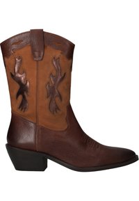 Bruine leren cowboylaars met een spitse neus, contrasterende tan leren vlamaccenten en een lage gestapelde hak. Soepele textuur overal.