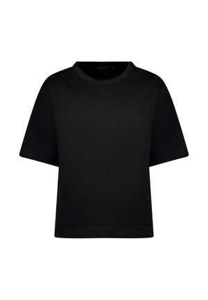 Zwart katoenen t-shirt met een ronde hals, korte mouwen en een losse pasvorm. Gladde textuur, minimalistisch ontwerp, zonder zichtbare patronen of accenten.