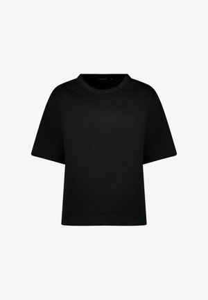 Zwart katoenen t-shirt met een ronde hals, korte mouwen en een losse pasvorm. Gladde textuur, minimalistisch ontwerp, zonder zichtbare patronen of accenten.