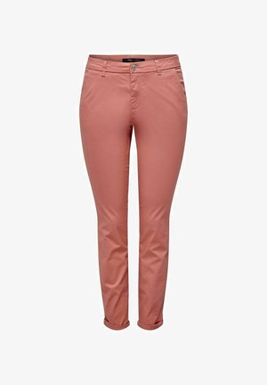 Pantalones ajustados de color rosa, fabricados en una mezcla de algodón suave, con cinco bolsillos, una cremallera y un cierre de botón.