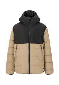 Puffer jacket met een zwarte capuchon en bovenstuk, en een beige onderstuk. Bevat ritszakken en een geborduurd patroon.