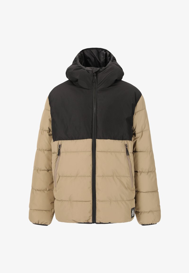 Puffer jacket met een zwarte capuchon en bovenstuk, en een beige onderstuk. Bevat ritszakken en een geborduurd patroon.
