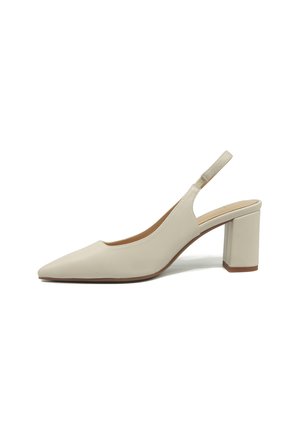 Béžový lodička s otevřenou patou, špičatou špičkou a blocovým podpatkem, minimalistický design, hladký povrch a nastavitelný pásek na patě.