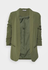 Olivgrön kavaj med sjalkrage, långa ärmar och två framfickor. Slätt tyg med satinfoder.