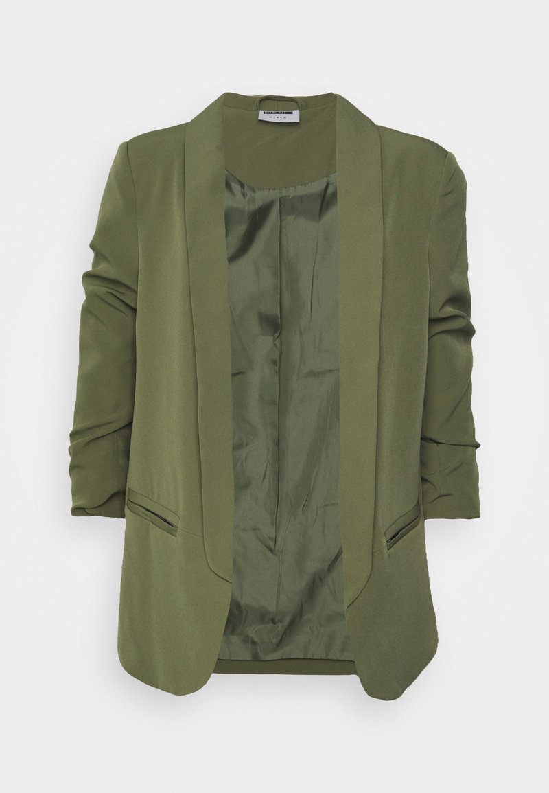 Olivgrön kavaj med sjalkrage, långa ärmar och två framfickor. Slätt tyg med satinfoder.