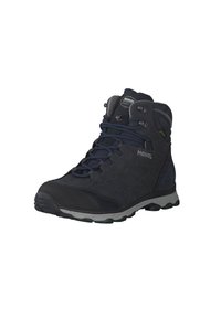 Dunkelblaue, hohe Wanderschuhe mit verstärkter Zehenkappe, gepolstertem Knöchel, strukturiierter Sohle und Schnürsenkeln, die für Outdoor-Wanderungen konzipiert sind.
