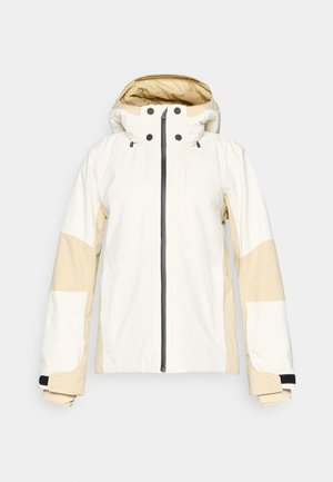White and beige ski jacket with a hood, black zipper, and pockets. Features elastic cuffs and a smooth, waterproof material.