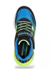 Scarpa da ginnastica per bambini Skechers S-Lights in blu e verde, con lacci neri e cinturino in velcro, caratterizzata dal testo "Flex-Glow Ultra".
