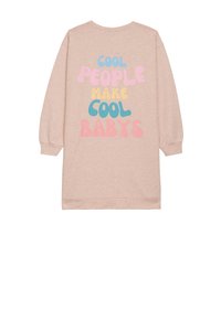 Helle rosa Tunika mit Rundhalsausschnitt und langen Ärmeln. Mit buntem Text: "COOLE MENSCHEN MACHEN COOLE BABYS" in verschiedenen verspielten Schriftarten.