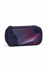 Reißverschluss-Stiftetui mit dunkelblauem Hintergrund, das geometrische pinke und lila Linien und Muster zeigt; aus robustem Stoff gefertigt.