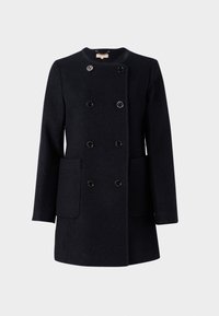 Manteau noir double boutonnage en laine avec col rond, huit boutons, manches longues et deux grandes poches avant.