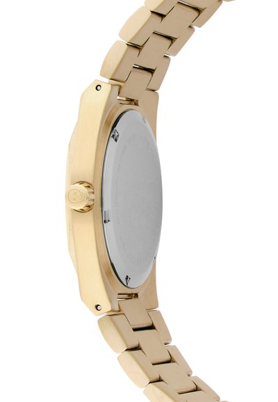 Gold-tone metal watch with a rounded case and a shiny silver back. Features a linked bracelet design and a round crown on the side.