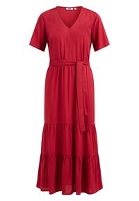 Červené maxi šaty s krátkými rukávy, V-výstřihem, páskem v pase a vrstvenou sukní. Vyrobené z texturovaného materiálu, s splývavým siluetou.