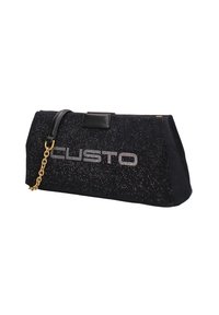 Borsa a tracolla nera con superficie in tessuto testurizzato, dotata di un logo argento e abbellita con piccoli strass. Include una tracolla in oro.