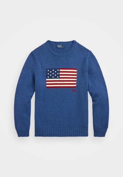 Blue sweater made of knitted fabric featuring a rectangular American flag design with red and white stripes and white stars on a blue field.