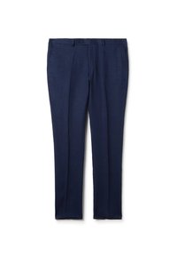 Marineblauwe broek met een rechte pasvorm, voorzien van een platte voering, plooien en een knoopsluiting. Gemaakt van een lichtgewicht stof met een gladde textuur.