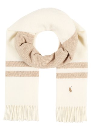 Crème- en beige wollen sjaal met franjes aan de uiteinden, twee beige horizontale strepen en een klein geborduurd polospelerlogo aan één kant.