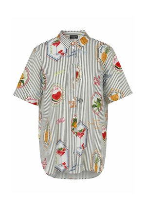 Short-sleeve button-up shirt with thin vertical stripes, decorated with colorful prints of cocktails, watermelons, pineapples, and Italian words.
