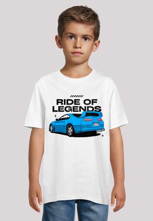 White cotton t-shirt featuring a graphic print of a blue sports car with the text "RIDE OF LEGENDS" in bold black lettering.