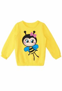 Felpa gialla a maniche lunghe con un design di un'ape cartone animato luccicante, con ali blu, strisce nere e un fiocco a pois rosa.