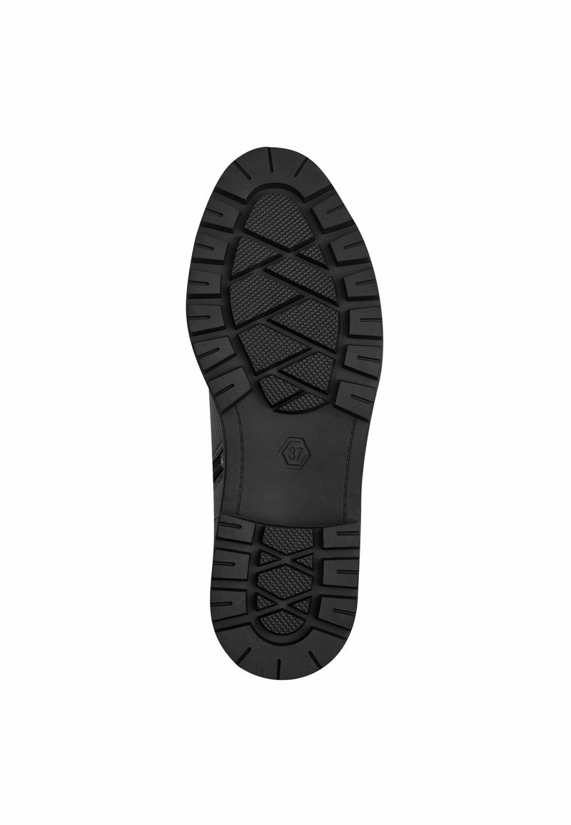 Suola di scarpa in gomma nera caratterizzata da un modello di battistrada robusto, logo esagonale e aree testurizzate per una miglior aderenza. Taglia contrassegnata come 37.