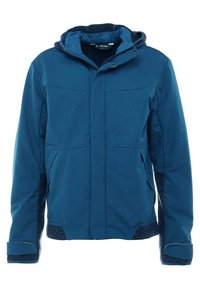 Veste isolante bleue à capuche avec fermeture éclair frontale et boutons-pression, poches latérales zippées et poignets ajustables.