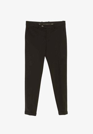 Pantaloni neri realizzati in tessuto liscio. Presentano tasche frontali, chiusura con bottoni e risvolti. Design elegante e forma attillata.