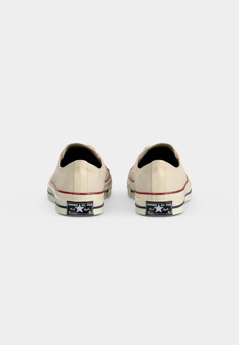 Coppia di sneakers Converse All Star beige basse viste da dietro su sfondo bianco.