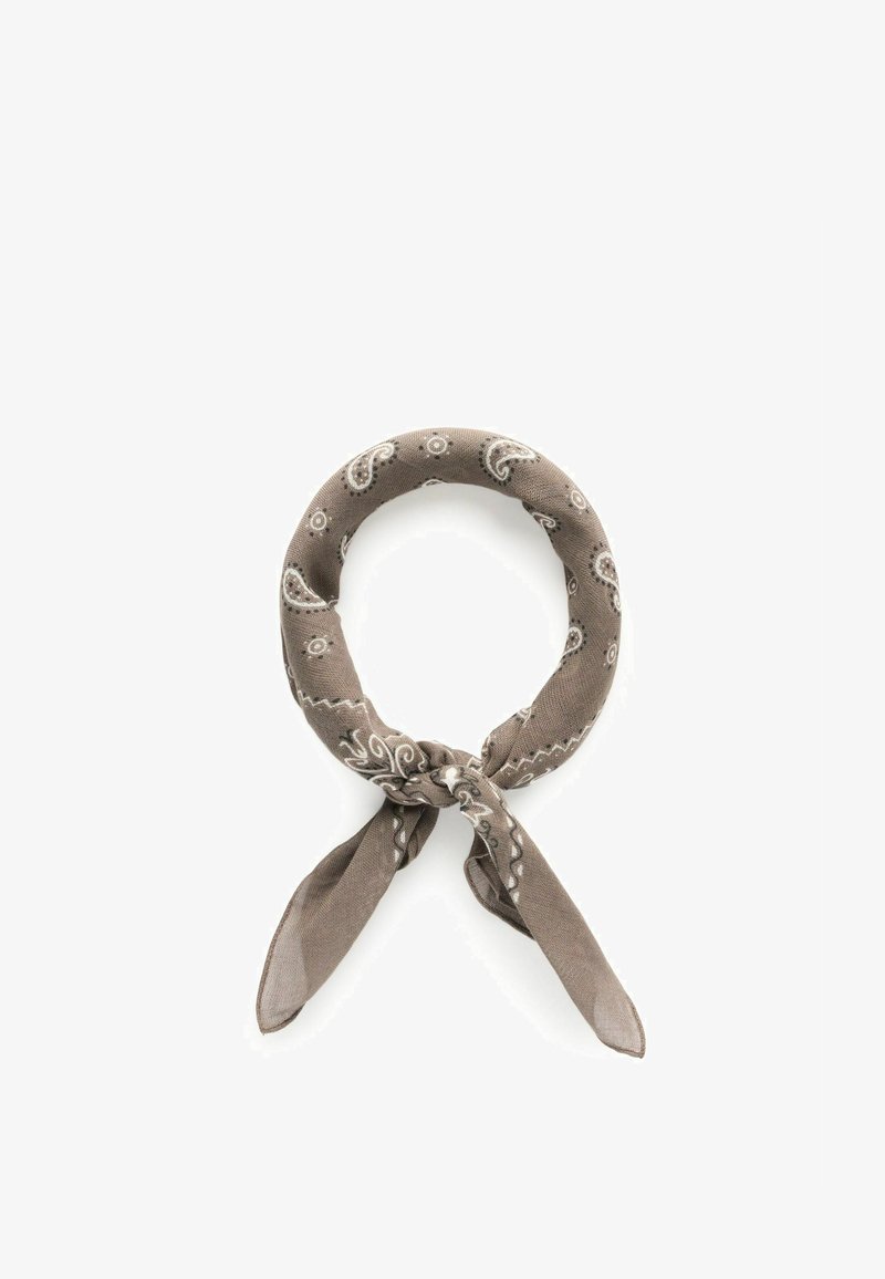 Brown paisley-patterned fabric bandana tied in a loop with two loose ends against a white background.