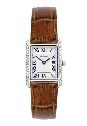 Rectangular silver watch with brown leather strap, white dial, blue Roman numerals, and crystal accents on the bezel.