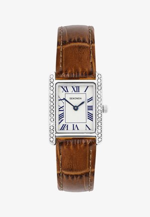 Rectangular silver watch with brown leather strap, white dial, blue Roman numerals, and crystal accents on the bezel.