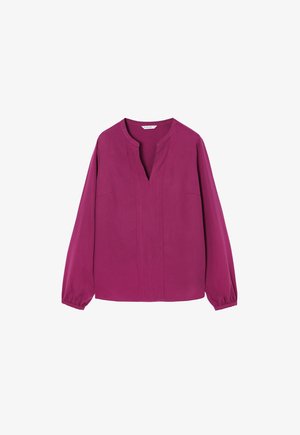 Blouse fuchsia à manches longues avec un décolleté en V, devant plissé et poignets élastiqués. Fabriquée dans un tissu doux et lisse.