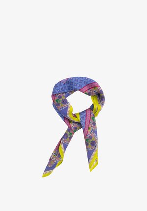 Zijden sjaal met bloemige en geometrische patronen in paars, roze, geel en blauw, losjes gestrikt tegen een witte achtergrond.