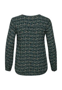 Blouse à manches longues de couleur bleu foncé avec un motif floral. Dotée d'un col rond et d'une coupe droite avec une texture lisse.