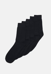 Black cotton socks in a set of five, featuring a smooth texture and ribbed cuffs. Brand name is subtly printed on the soles.