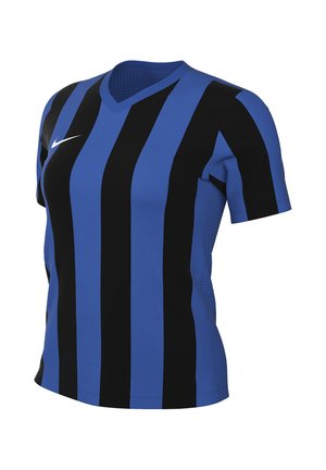Maillot de sport à manches courtes bleu et noir à rayures verticales, col en V et logo Nike blanc sur le côté droit de la poitrine.