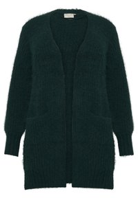 Mørkegrøn, fluffy åben cardigan med lange ærmer, ribbede manchetter og to forlommer. Blød tekstur, hyggeligt udseende.