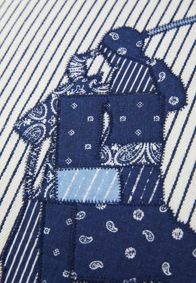 Jūrinis pleduolio pagalvėlė, su dryžuotais ir paisley raštais, su tekstūruotais, siuvinėjimo akcentais šviesiame dryžuotame fone.