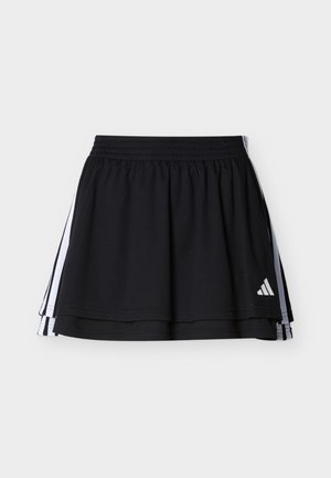 Fekete Adidas sport szoknya elasztikus derékpánttal, fehér csíkokkal az oldalakon és Adidas logóval az elülső jobb szegélyen.
