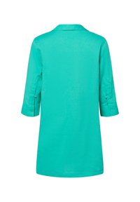 Teal shirt met een kraag, driekwartmouwen en knoop manchetten. Glad textuur en rechte zoom, ontworpen voor een ontspannen fit.