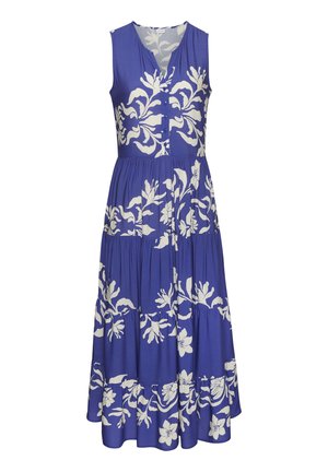 Ärmelloses A-Linien-Kleid aus blauer Stoff mit weißem Blumenmuster, mit V-Ausschnitt, Knopfverschluss und gestuftem Volant-Saum.