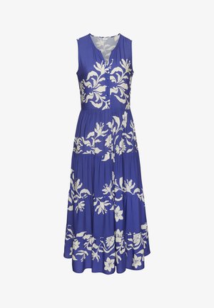 Sleeveless A-line dress in blue fabric with white floral print, featuring a V-neck, button front, and tiered ruffle hem.