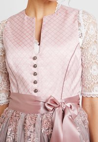 Bodice rose à motifs avec un décolleté plongeant, boutons en argent et une ceinture en satin ; manches en dentelle et jupe en tulle brodée de fleurs.