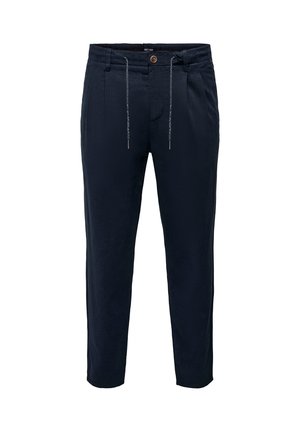 Pantalon pour homme bleu marine avec fermeture à boutons, passants pour ceinture, poches latérales et cordon de serrage à l'avant sur un fond blanc uni.